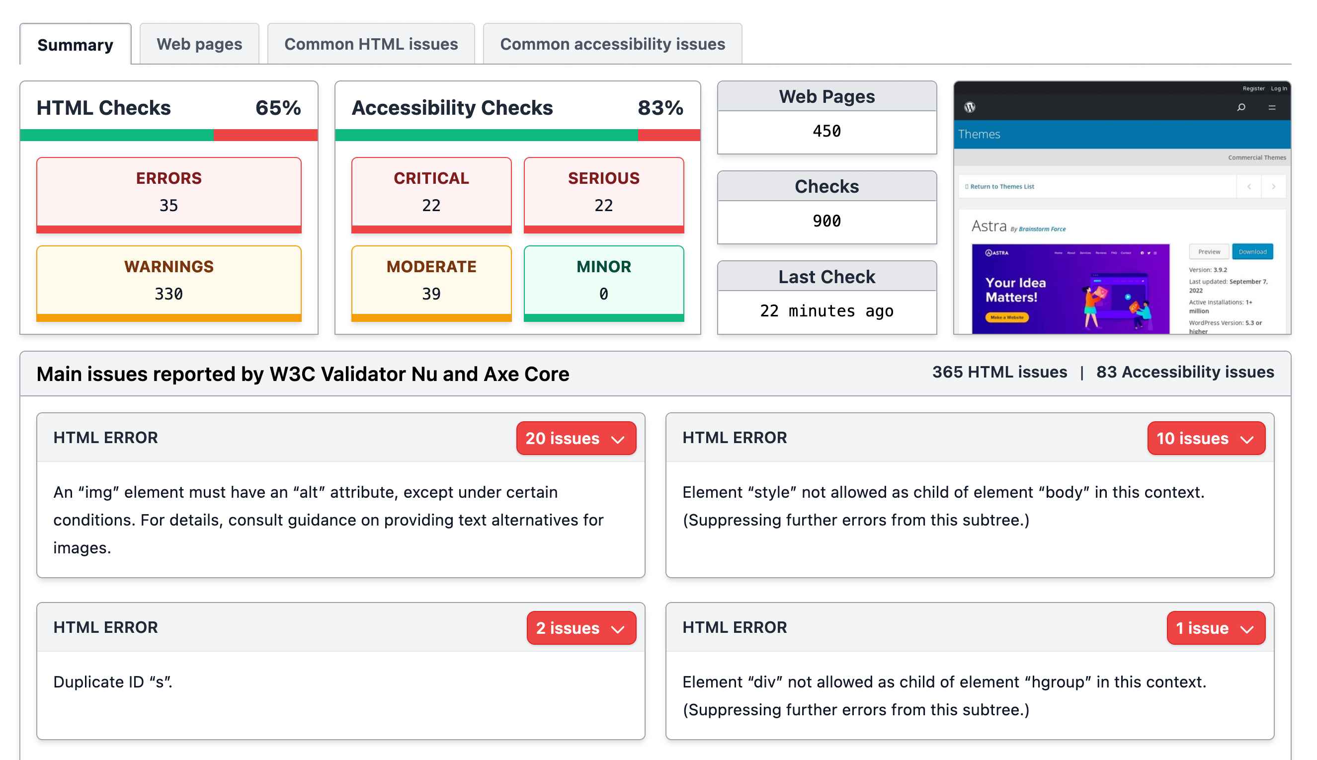 Screenshot of the main issues section