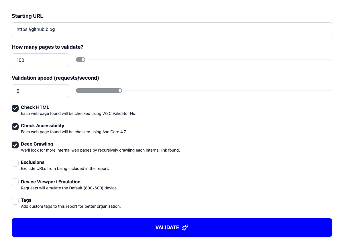 The form with advanced options for rate limit, exclusions, deep crawling, device viewport emulation and tags