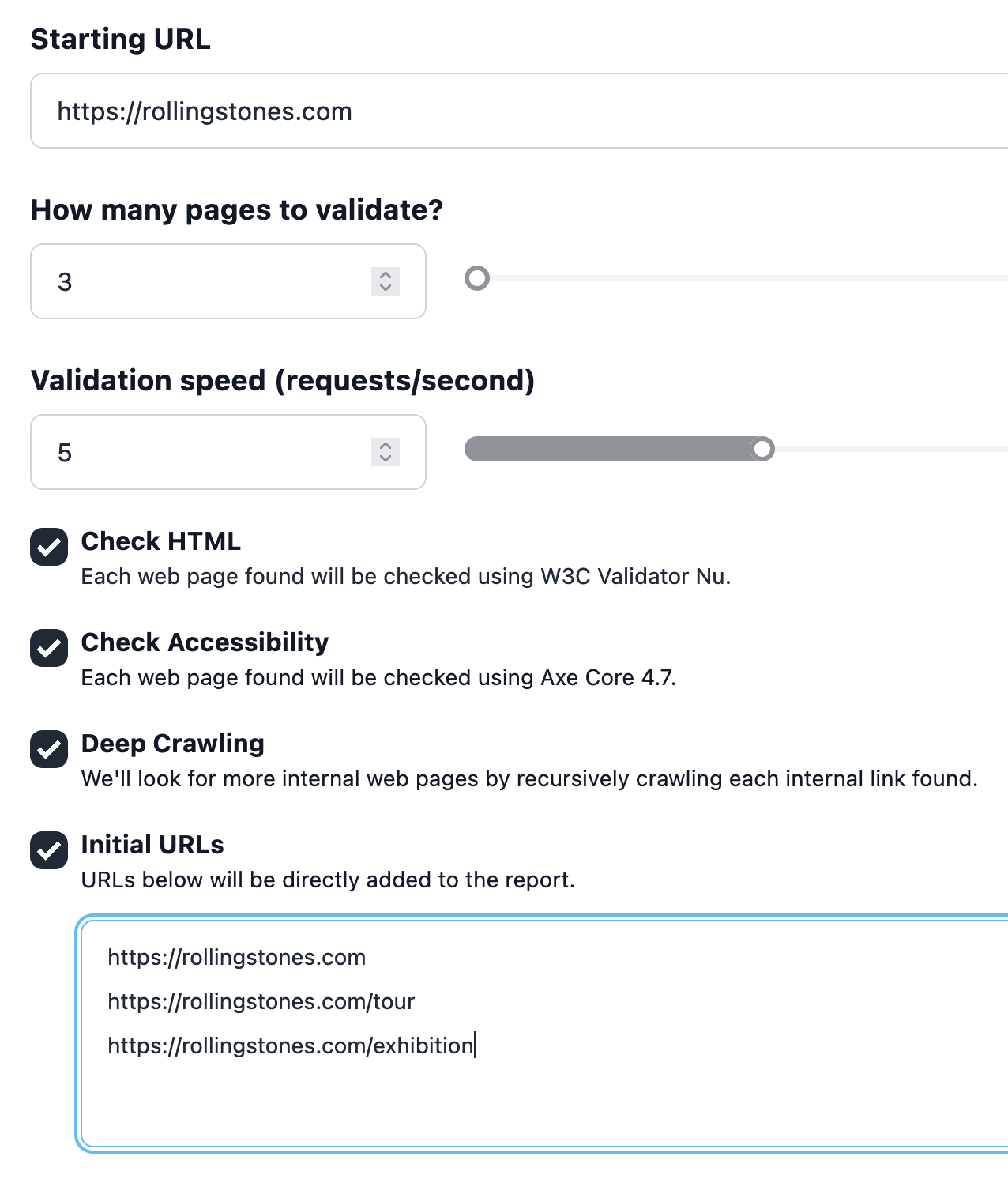 New report form with the Initial URLs field