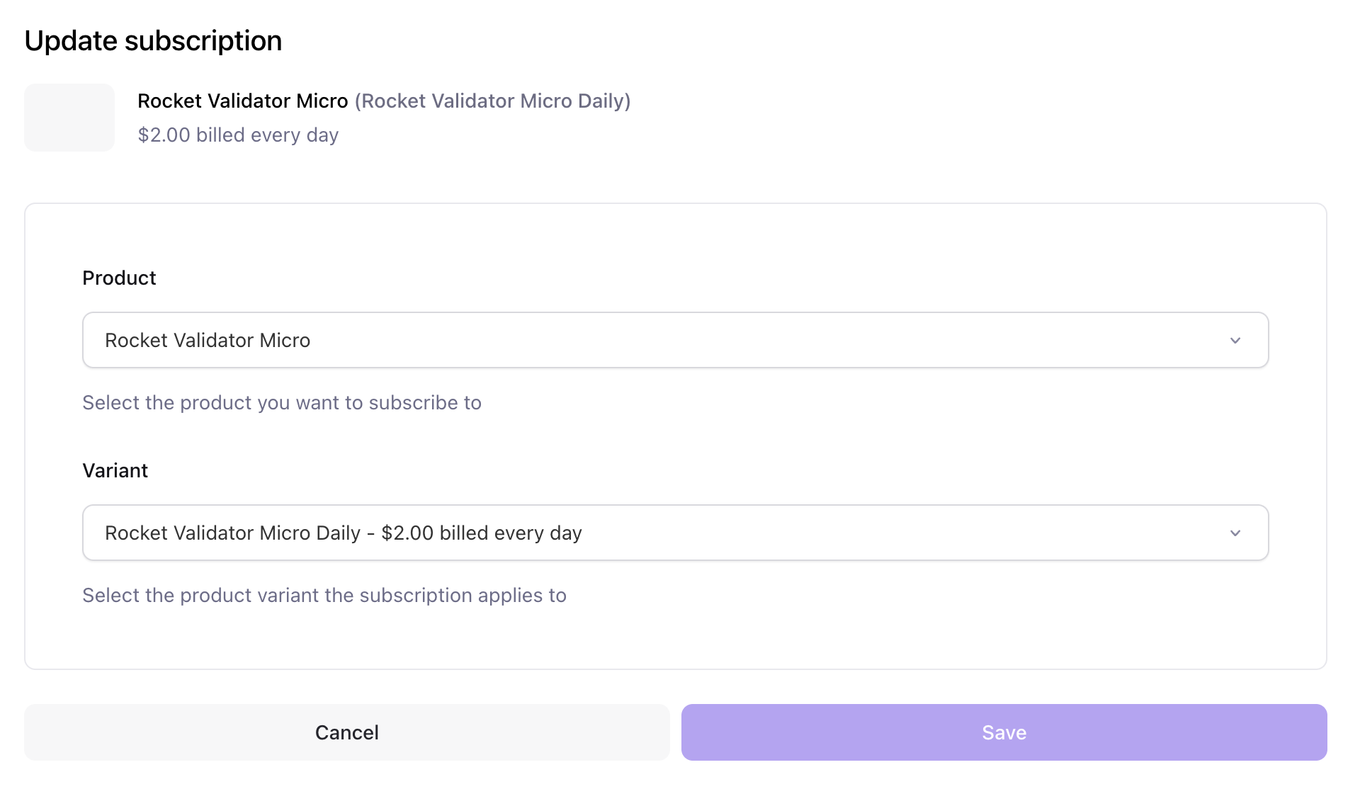 Form in Lemon Squeezy for updating a subscription to a different plan or periodicity