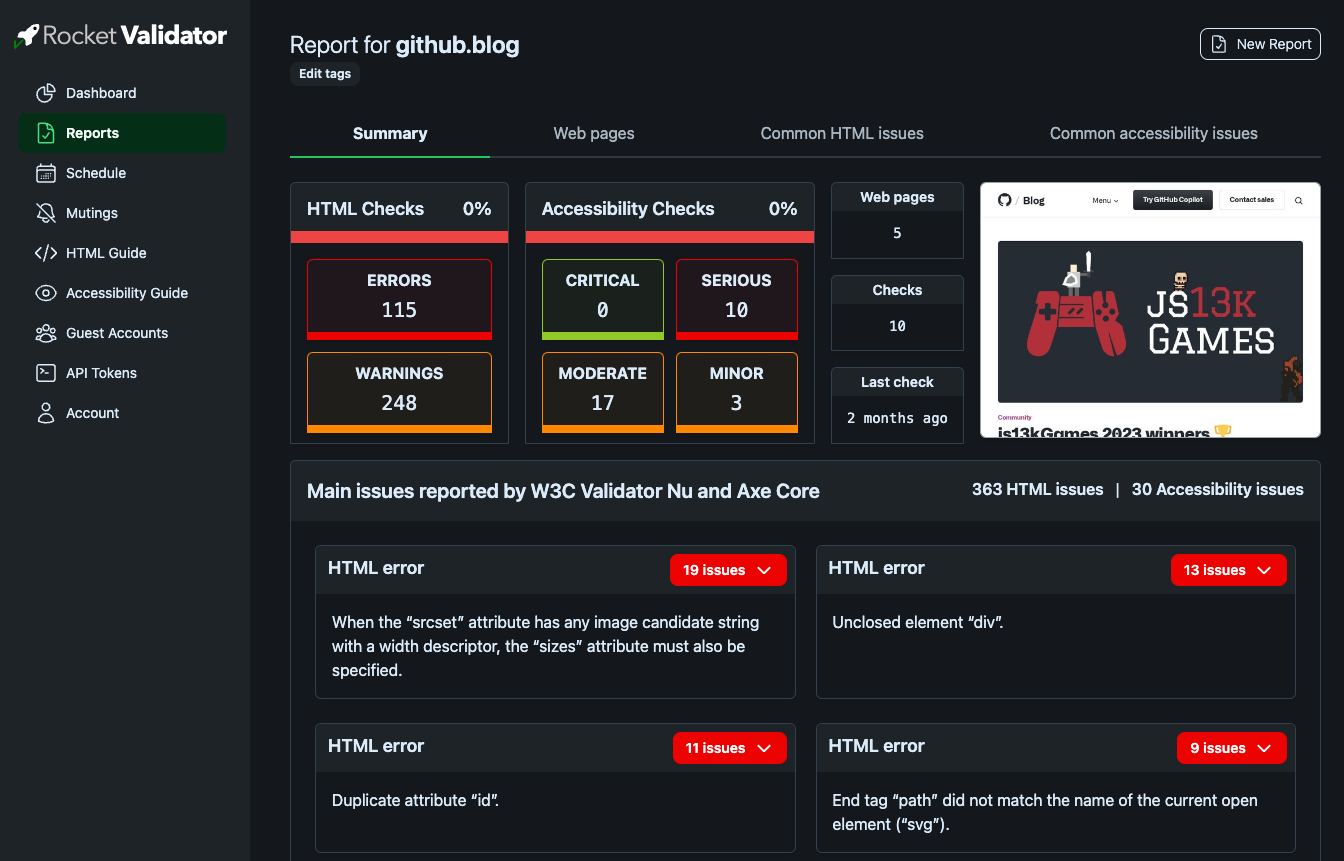 Screenshot of a site report in dark mode