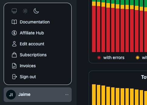 Screenshot of user menu, with a theme selector