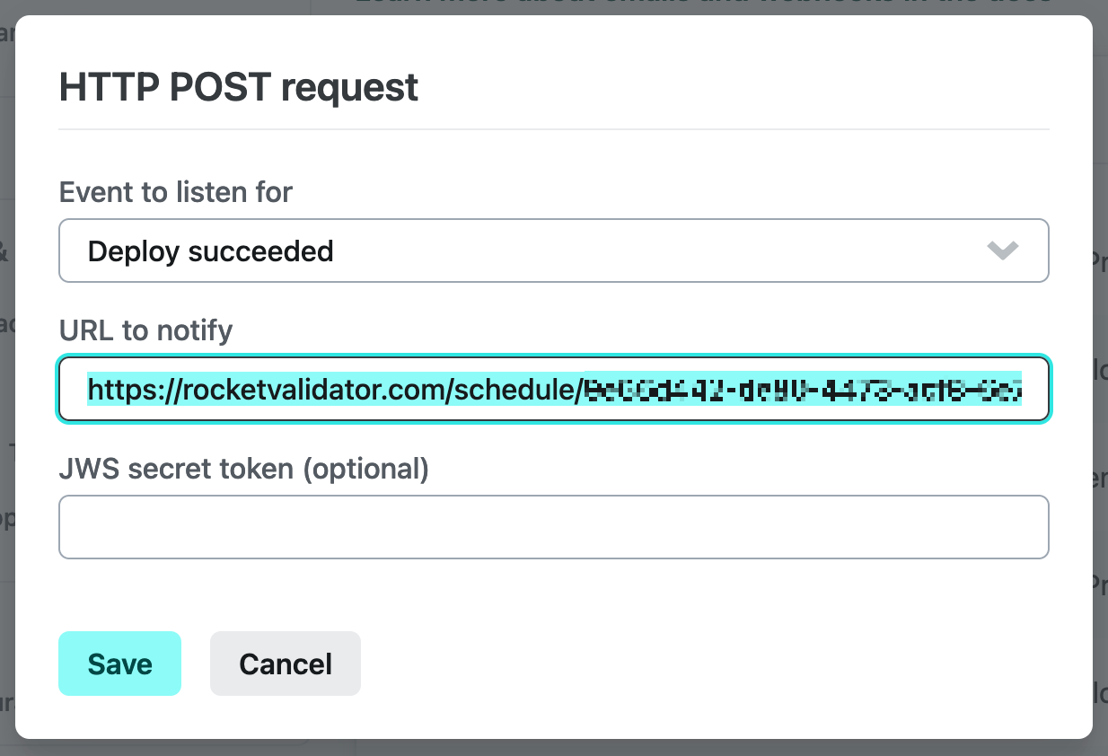 Netlify site configuration page, Notifications section, Add notification form.