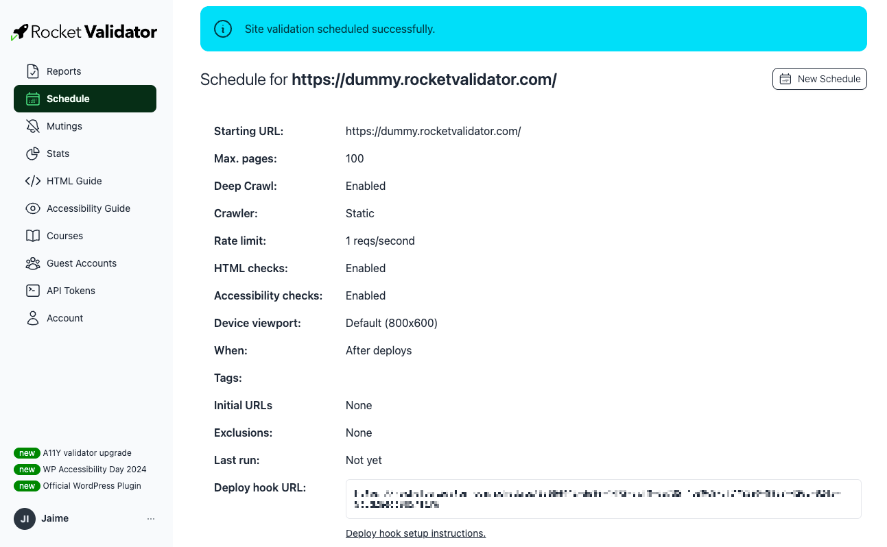 Schedule created, shows webhook URL.