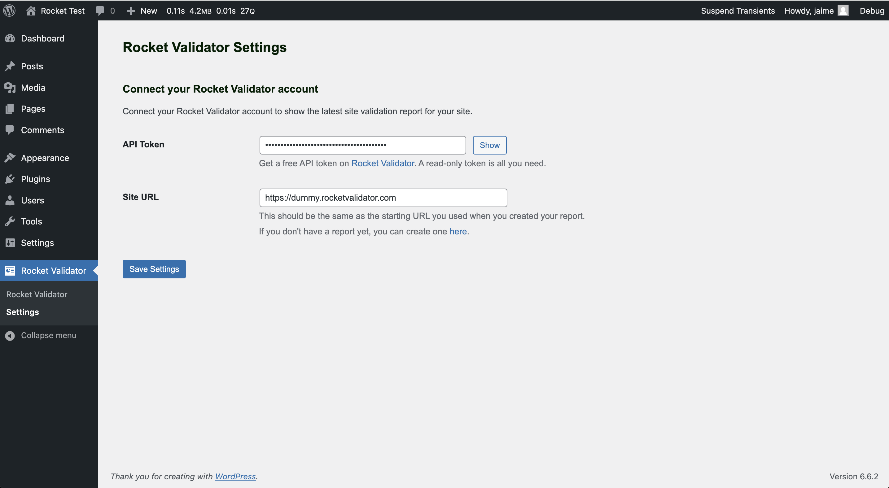 Settings screen of Rocket Validator plugin