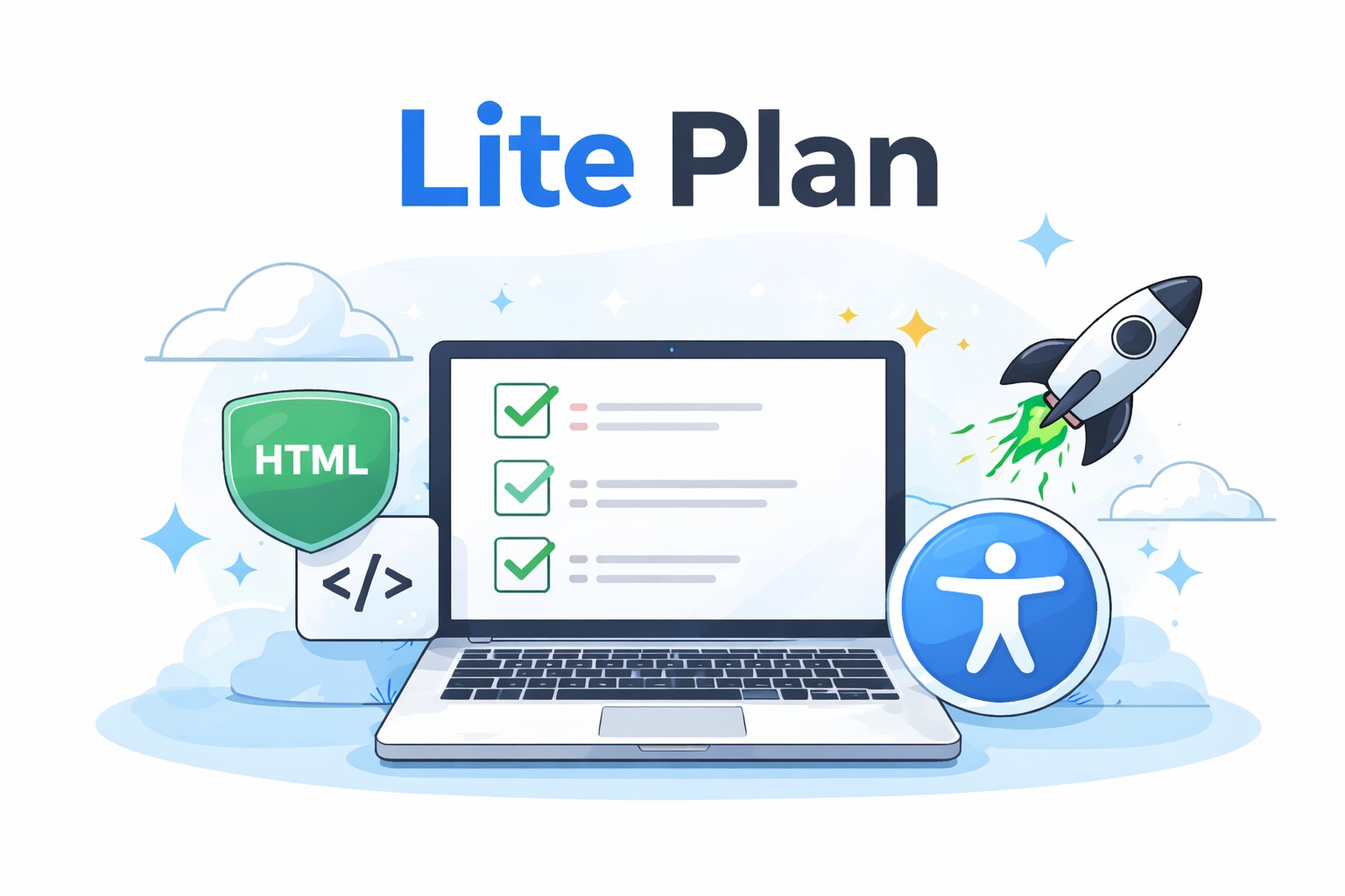 Laptop computer with toy Rocket, the HTML letters and the accessibility symbol, with the text Lite Plan on top