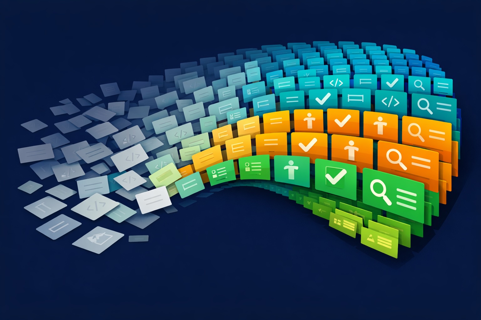 An abstract isometric illustration of hundreds of small glowing guidebook icons arranged in a flowing wave pattern, transitioning from faded and disorganized on the left to bright, neatly aligned, and color-coded on the right, symbolizing a massive content overhaul. Soft gradients in teal, coral, and warm white on a deep navy background.