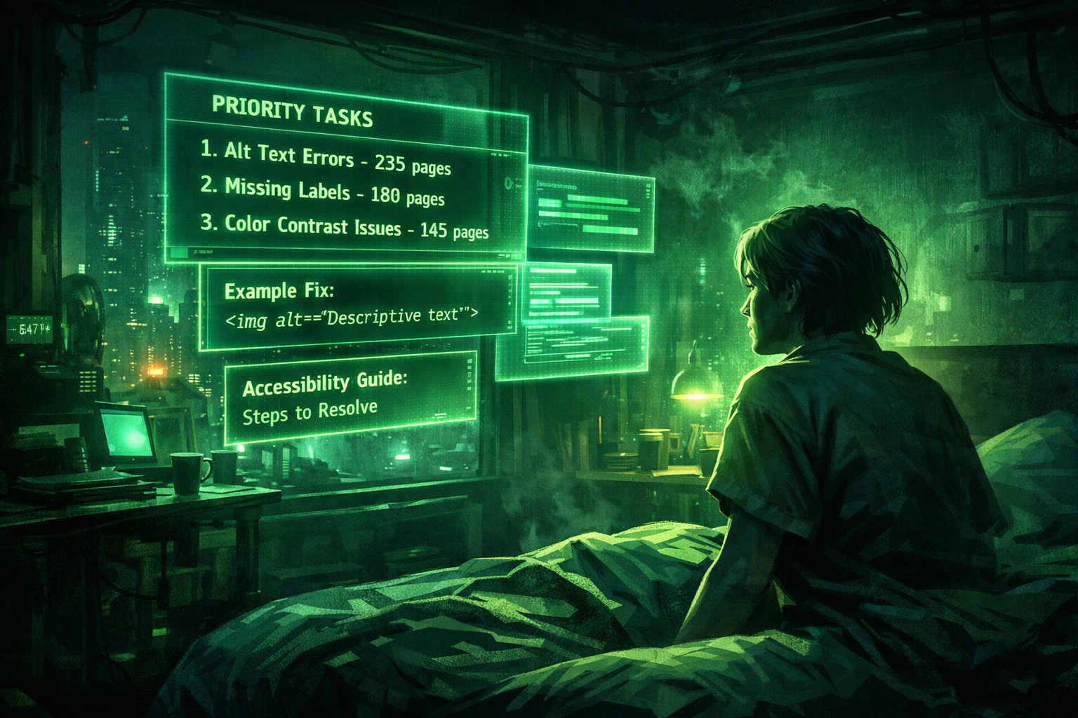 Cyberpunk developer in futuristic apartment with green neon Rocket Validator accessibility dashboard showing prioritized accessibility fixes and urgent tasks.