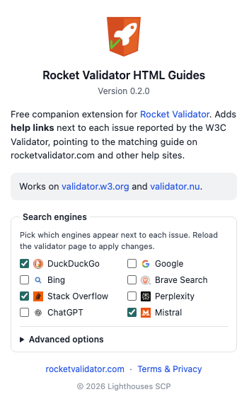 The Rocket Validator HTML Guides extension popup, showing a Search engines section with checkboxes for DuckDuckGo, Google, Bing, Brave Search, Stack Overflow, Perplexity, ChatGPT, and Mistral.