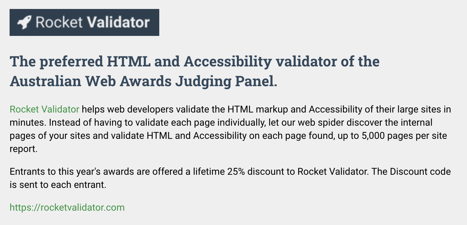 Rocket Validator as sponsor of Australian Web Awards